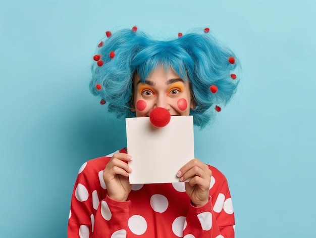 Foto eine person, die eine clownmaske mit einer weißen karte vor sich trägt