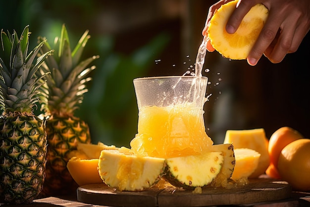 Eine Person, die eine frische Ananas zum Saft drückt