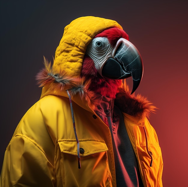 eine Person, die eine gelbe Jacke mit einem rot-schwarzen Vogel darauf trägt.