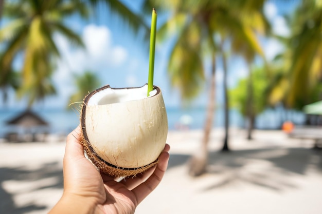 Foto eine person, die eine kokosnuss mit einem strohhalm in der hand hält