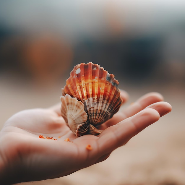 eine Person, die eine Muschel in der Hand an einem Strand hält