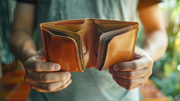 Eine Person, die eine offene leere Brieftasche hält, die finanzielle Konzepte wie Bankrott oder Ausgaben symbolisiert