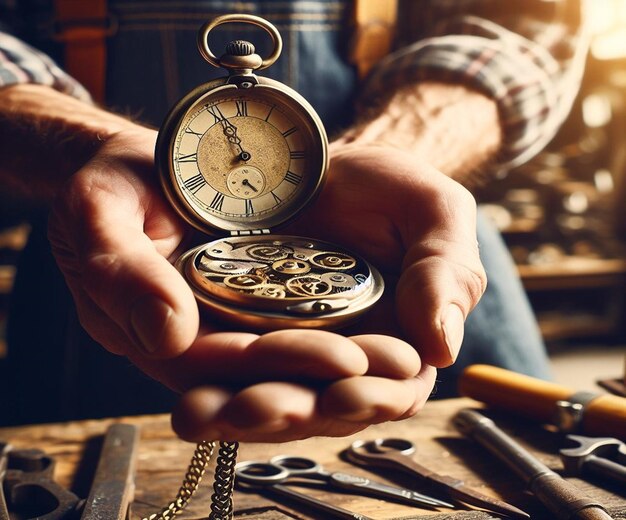 Foto eine person, die eine taschenuhr hält, auf der eine uhr steht