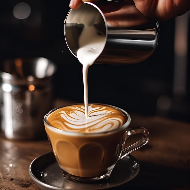 Eine Person, die eine Tasse Kaffee aus einer Kaffeemaschine gießt.