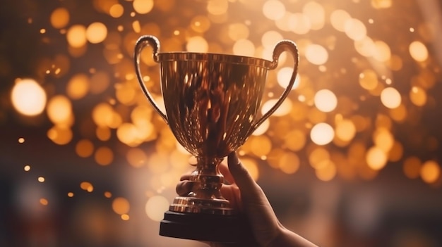 Eine Person, die eine Trophäe in der Hand hält, mit einem Bokeh-Hintergrund