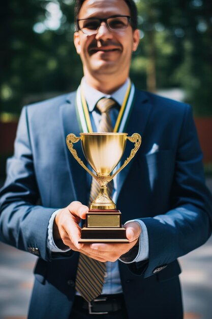 Eine Person, die eine Trophäe oder Medaille hält, die Anerkennung und Leistung in der Wirtschaft symbolisiert