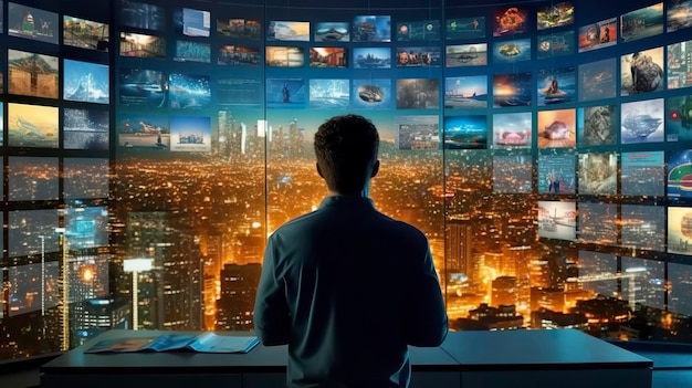 Eine Person, die eine Videowand mit Multimediabildern auf verschiedenen Fernsehbildschirmen betrachtet. Generative KI