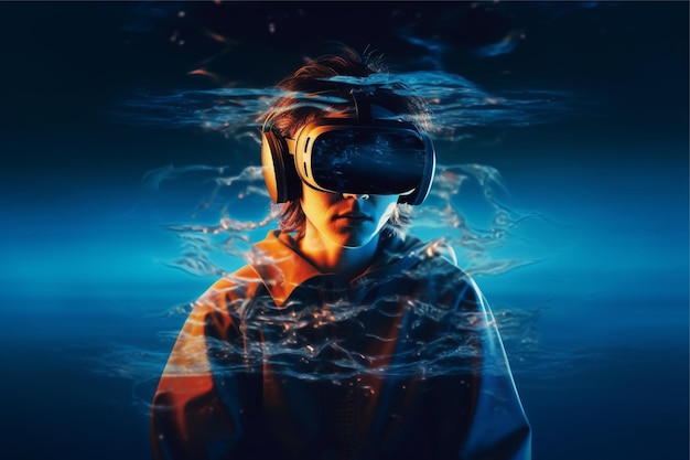 Eine Person, die eine Virtual-Reality-Brille trägt, metaverse Inhalte mit KI-generiertem Bild