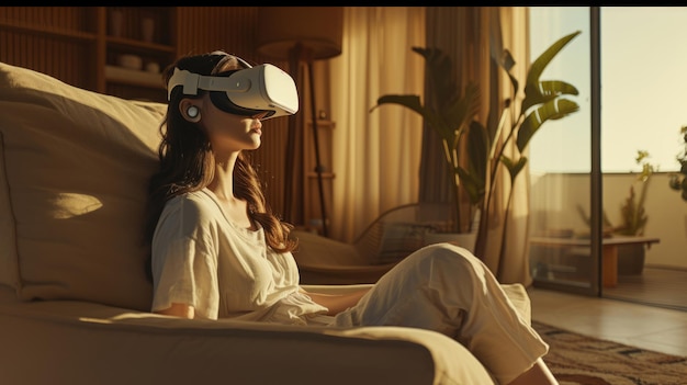 Foto eine person, die eine virtuelle wohnzimmer-oase mit einem vr-headset erlebt