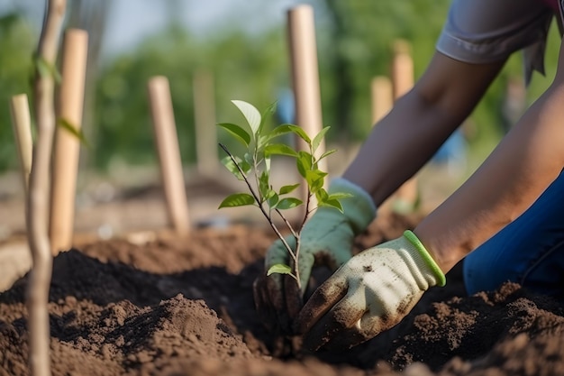 Eine Person, die einen Baum in einem Garten pflanzt