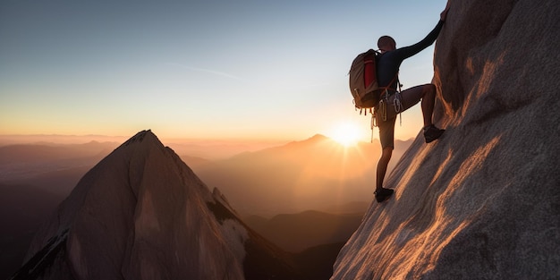 Eine Person, die einen Berg erklimmt, während die Sonne hinter ihnen untergeht