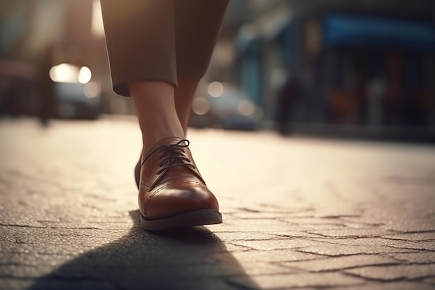 Eine Person, die einen braunen Lederschuh trägt, geht auf einer Straße.