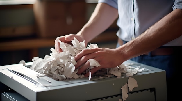 eine Person, die einen handgetriebenen Papierzerstörer verwendet, die das manuelle Recycling demonstriert