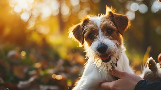 Eine Person, die einen kleinen Hund hält