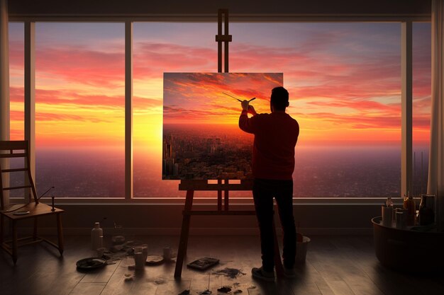 Eine Person, die einen lebendigen Sonnenaufgang mit dem Generativen ai malt