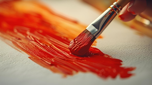Eine Person, die einen Pinsel hält, der ein rotes Kunstwerk mit roter Farbe malt