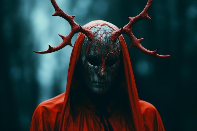 Foto eine person, die einen roten mantel mit hörnern auf dem kopf trägt
