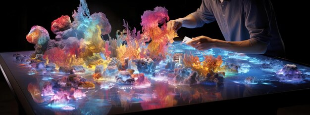 eine Person, die einen simulierten Tisch für Augmented Reality im Stil bunter biomorpher Formen nutzt