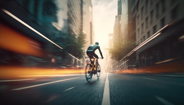 Eine Person, die Fahrrad auf einer Straße mit verschwommenem Hintergrund fährt.