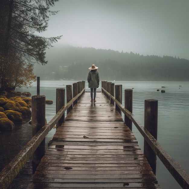 Eine Person, die im Regen auf einem Dock spazieren geht