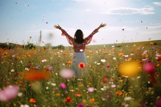 Eine Person, die in einem Feld voller blühender Wildblumen steht, ist geistig gesund