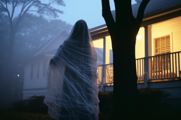 Foto eine person, die in einem geisterkostüm gekleidet ist, steht nachts vor einem haus