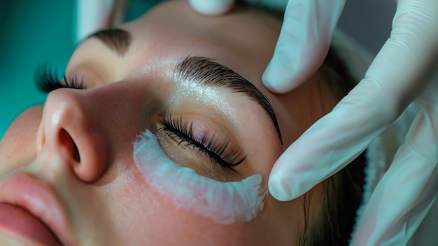 Eine Person, die in einem Schönheitssalon eine Gesichtslift-Behandlung mit Wimpernverlängerung und Make-up erhält