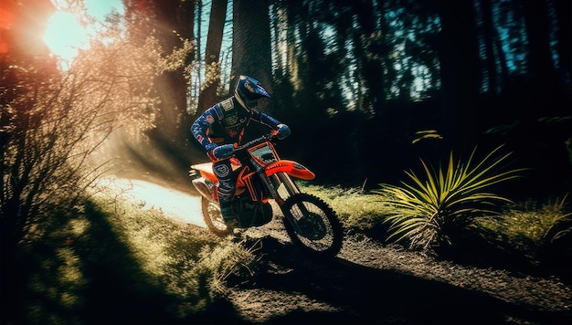 Eine Person, die in einem Wald ein Dirtbike fährt