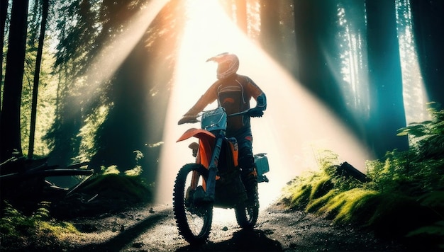 Eine Person, die in einem Wald ein Dirtbike fährt