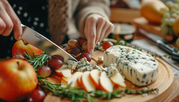 Foto eine person, die käse auf einem holzschneidbrett schneidet