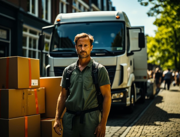 Foto eine person, die kisten von einem lastwagen bewegt, ein mann, der neben einem lastwagen auf einer straße steht