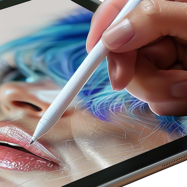 Foto eine person, die mit einem stift ein bild auf eine tablette zeichnet generative ai