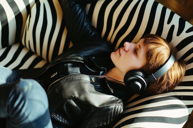 Eine Person, die mit Kopfhörern und einem Zebrastreifen-Sessel neben sich schläft