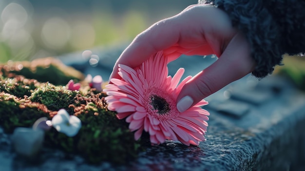 Eine Person, die nach einer rosa Blume im Gras greift Brustkrebs