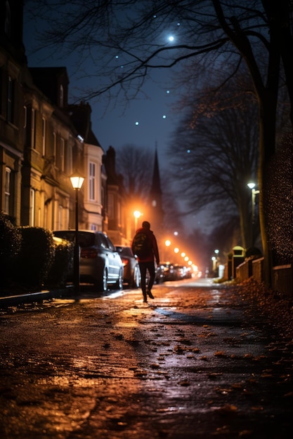 Eine Person, die nachts alleine auf einer nassen Straße geht