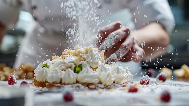 Foto eine person, die schlagsahne in einen kuchen gießt