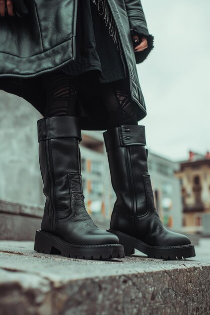 Foto eine person, die schwarze stiefel trägt und auf einer treppe steht, eignet sich für verschiedene konzepte und themen