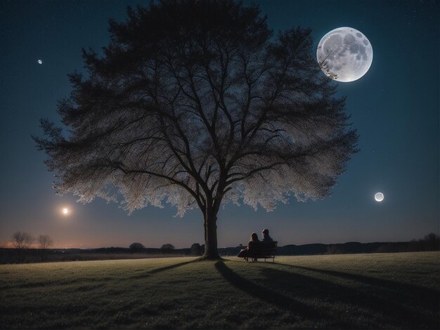 eine Person, die unter einem Baum unter einem Vollmond sitzt, Vollmondhintergrund, wunderschönes Mondlicht