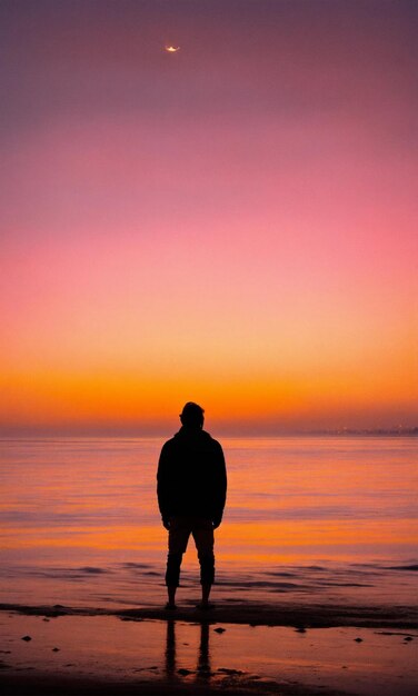 eine Person, die vor einem Sonnenuntergang am Strand steht