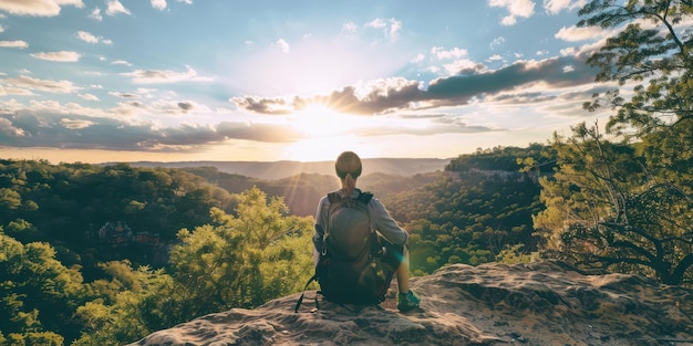 Eine Person, die während einer Wanderung eine Pause macht, um sich zu strecken und die Aussicht zu genießen