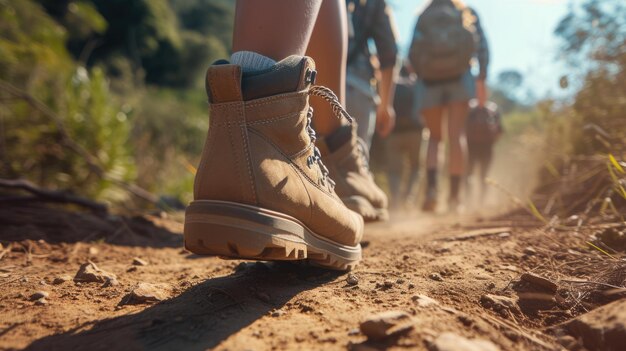 Foto eine person, die wanderstiefel trägt, geht einen pfad im wald entlang, aig41