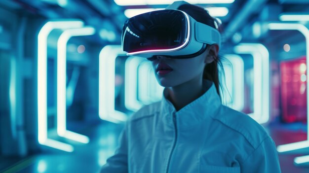 Eine Person erforscht ein futuristisches Labor mit einem VR-Headset