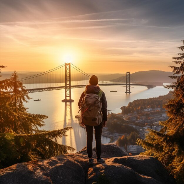 Foto eine person erkundet bei sonnenuntergang die atemberaubende skyline von vancouver mit der lions gate bridge