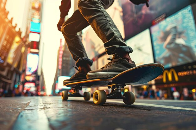 Eine Person fährt auf einem Skateboard auf einer belebten Stadtstraße und zeigt geschickte Manöver und Tricks