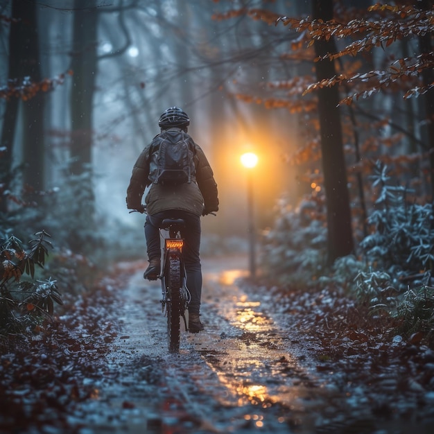 eine Person fährt ein Fahrrad im Schnee mit einem Licht an der Spitze