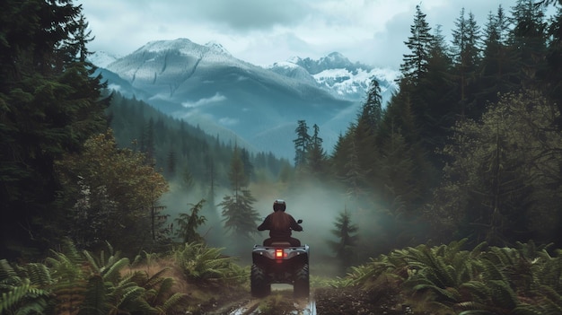 Eine Person fährt mit einem ATV auf einem Waldweg, der mit schneebedeckten Bergen und Nebel konfrontiert ist