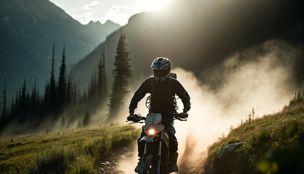 Eine Person fährt mit einem Dirtbike auf einer unbefestigten Straße mit Bergen im Hintergrund.