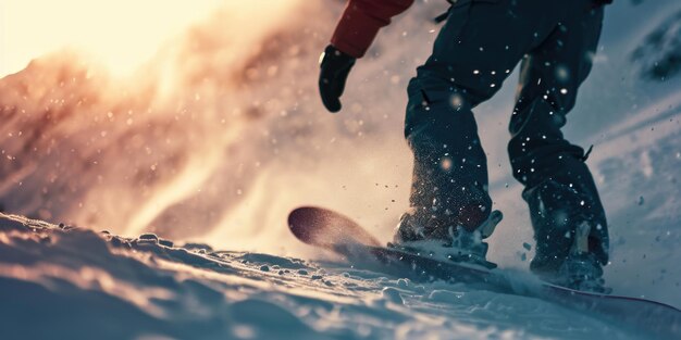 Foto eine person fährt mit einem snowboard einen schneebedeckten hang hinunter. perfekt für wintersport und abenteuerthemen.