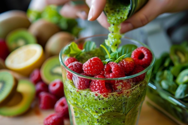 Eine Person fügt Himbeeren zu einem grünen Smoothie hinzu