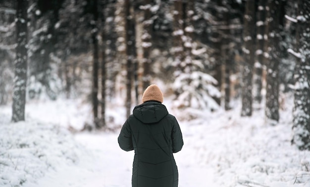 Eine Person geht an einem sonnigen Wintertag in einem schneebedeckten Wald Wandern nach Schneesturm